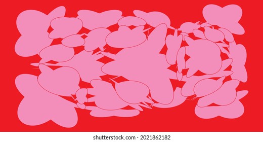 Creative colorful minimalist contemporary art illustration, wall decoration, postcards, album, brochure cover design. Playful composition of abstract shapes and curves. Pink and red colored print.