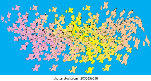 Creative colorful minimalist contemporary art illustration, wall decoration, postcards, album, brochure cover design. Playful composition of abstract shapes and curves. Blue pink yellow colored print.