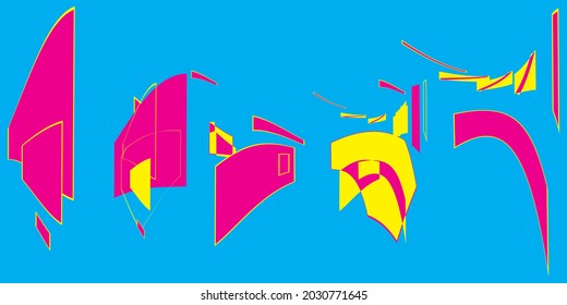 Creative colorful minimalist contemporary art illustration, wall decoration, postcards, album, brochure cover design. Playful composition of abstract shapes and curves. Yellow pink blue colored print.