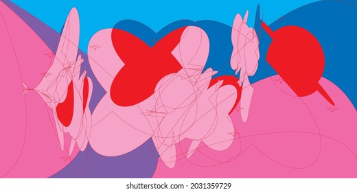 Creative colorful minimalist contemporary art illustration, wall decoration, postcards, album, brochure cover design. Playful composition of abstract shapes and curves. Pink red blue colored print.