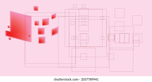 Creative colorful minimalist contemporary art illustration, wall decoration, postcard, album, brochure cover design. Playful composition of abstract blurry shapes, lines. Light pink red gradient print