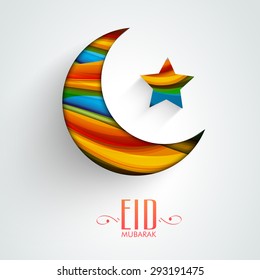 Kreativer bunter Mond und Stern auf hellblauem Hintergrund für Musik-Community-Festival, Eid Mubarak Feier.