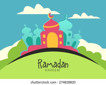 Kreative farbenfrohe Moschee auf Naturhintergrund für den heiligen Monat der muslimischen Gemeinschaft, Ramadan Kareem Feier.