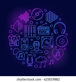 Creative colorful music illustration - vector blue and violet circle sign in thin line style on dark background