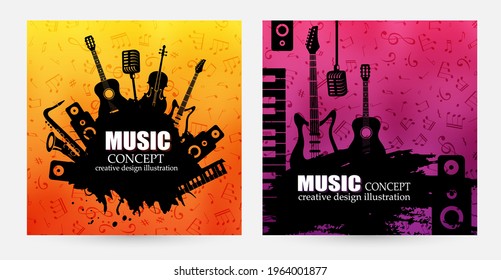 Creative colorful music poster. Vector banners  with musical  instrument silhouettes and vibrant color textured background.
