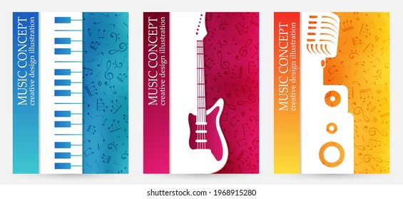 Creative colorful music poster. Vector banners  with piano, electric guitar and microphone silhouettes and vibrant color textured background.