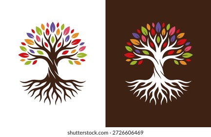 Ilustración creativa de la Plantilla del diseño del logotipo de los árboles de roble coloridos