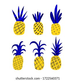 Creative and colorful pineapple. Set of hand drawn pineapples. Summertime fruits on white background.Trendy modern  flat cartoon colorful vector illustration. Doodle fruits.