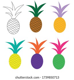Creative and colorful pineapple. Set of hand drawn pineapples. Summertime fruits on white background. vector illustration. Doodle fruits.