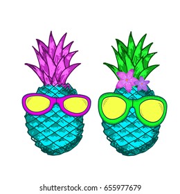 The creative colorful pineapples in the glasses and with flowers. Hand draw vector illustration.