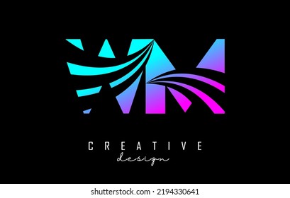 Creative colorful pink and blue letter WM w m logo with leading lines and road concept design. Letters with geometric design. Vector Illustration with letter and creative cuts.