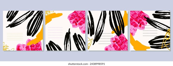Creativo juego de postales coloridas con diferentes texturas y formas. Diseño gráfico de moda.  Ilustración vectorial, impresión, póster