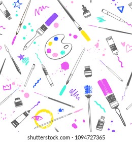 Creative colorful seamless background, hand drawn art tools, artist equipment pattern. Paint bottles, oil or acrylic tubes, brushes with strokes and blobs, doodles. Texture for painting supplies.