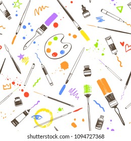 Creative colorful seamless background, hand drawn art tools, artist equipment pattern. Paint bottles, oil or acrylic tubes, brushes with strokes and blobs, doodles. Texture for painting supplies.