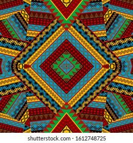 Creative colorful seamless patchwork pattern with african geometrical motifs