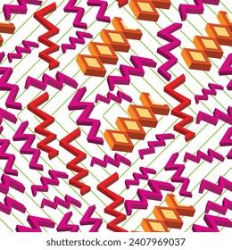 Creative colorful seamless pattern with 3 dimensional pink zig zag; colorful design with three dimensional shapes and green background