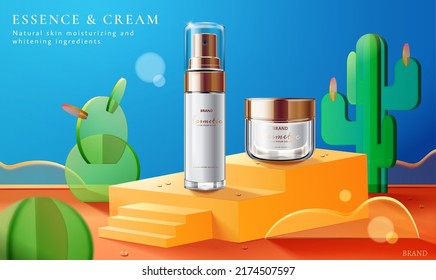 Creative and colorful skincare ad template. 3d product mock-ups displayed on orange stair stage with cacti and desert scene made with glass plates.