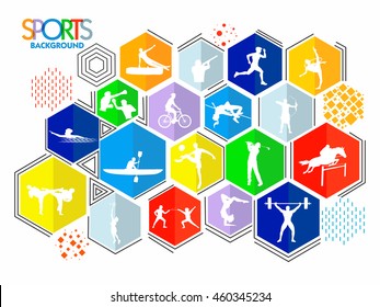 Creative Colorful Sports fundado con ilustración de diferentes juegos, puede ser utilizado como diseño de póster, banner o volante.