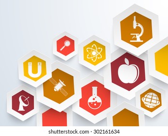 Creative colorful sticker, tag or label design with Science symbols on shiny background.