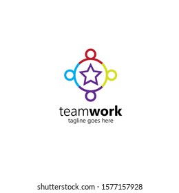 Creative Colorful Teamwork Icon Logo Design Template. Team of four people together icon isolated on white background