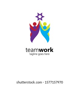 Creative Colorful Teamwork Icon Logo Design Template. Team of four people together icon isolated on white background