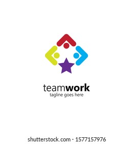 Creative Colorful Teamwork Icon Logo Design Template. Team of three people together icon isolated on white background