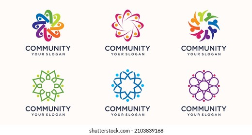 Plantilla de diseño del logotipo del logotipo de trabajo en equipo de color creativo. Equipo de cuatro personas juntos icono aislado