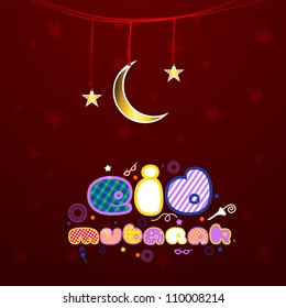 Creative colorful text Eid Mubarak with hanging golden Moon and star. EPS 10.