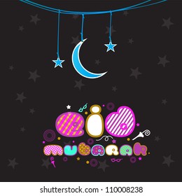 Kreativer bunter Text Eid Mubarak mit hängenden goldenen Mond und Stern. EPS10.