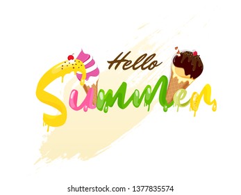 Creative colorful text Hello Summer with ice cream cone illustration on white background. 