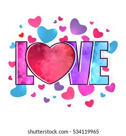 Creative colorful text Love on hearts decorated background for Happy Valentine's Day celebration.