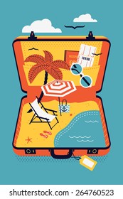 Creative colorful vector concept design on travel, seaside leisure vacation and recreation with chair on beach, palm tree, parasol sunshade, airplane boarding pass, sunglasses and more