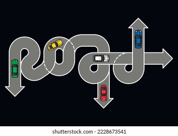 Dibujo vectorial creativo y colorido de la palabra Road con coches de conducción
