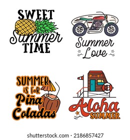 Creative colorful vector illustrations with various summer theme pictures and calligraphic inscriptions against white background