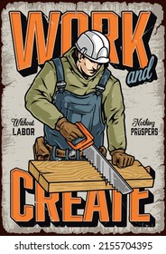 Kreatives, bunter vertikales Poster mit Inschriften, Zimmermann auf weißem Hut und Overalls, Sägemaschine aus Holz, Vektorgrafik