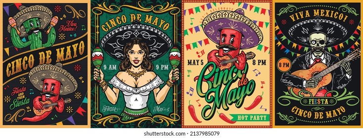 Kreative, farbige vertikale Plakate mit mexikanischer Frau, die Maracas schüttelt, Mariachi-Skelettmusiker in Sombrero, Gitarre spielen, roter Chilischoten mit Schnurrbart, dorniger Kaktus, Vektorgrafik