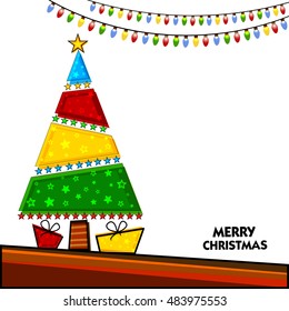 Creative colorful Xmas Tree on lights decorated white background for Merry Christmas celebration.