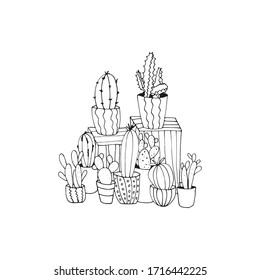 Creative coloring book with different kinds of cactuses isolated on white background for children and adults. Anti stress art. Vector outline illustration. Stylish ornaments, meditation, relaxation.