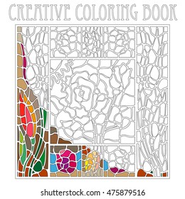 Creative coloring book. Hand drawn colored page with abstract linear doodle flowers. Antistress art for adults.