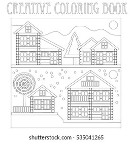 Creative coloring book. Log cabins in the winter village. Vector illustration with wooden houses, mountains and trees.