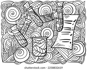 Creative coloring page about science, outline test tubes and research results with ornate patterns vector illustration
