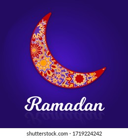 Creative colourful crescent moon with hanging stars for Holy Month of Muslim Community, Ramadan Kareem celebration.