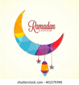 Creative colourful crescent moon with hanging stars and lamp for Holy Month of Muslim Community, Ramadan Kareem celebration.