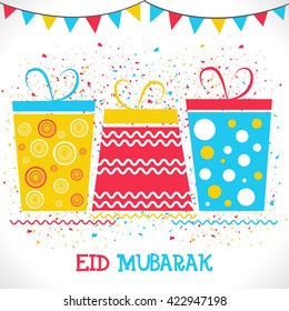 Creative colourful gifts on confetti background for Muslim Community Festival, Eid Mubarak celebration.