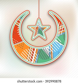 Kreativer bunter Mond mit hängender Stern für den Heiligen Monat der muslimischen Gemeinschaft, Ramadan Kareem Feier.