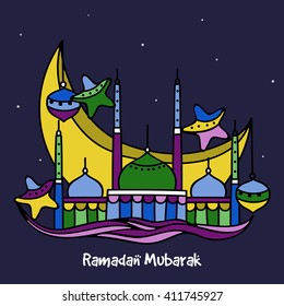 Creative colourful Mosque with big Crescent Moon, Lamps and Stars for Holy Month of Muslim Community Festival, Ramadan Mubarak celebration.