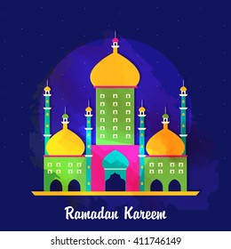 Creative colourful Mosque on blue background for Holy Month of Muslim Community Festival, Ramadan Kareem celebration.