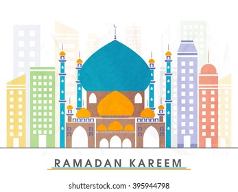 Kreative farbenfrohe Moschee auf städtischem Hintergrund für den Heiligen Monat der muslimischen Gemeinschaft, Ramadan Kareem Feier.