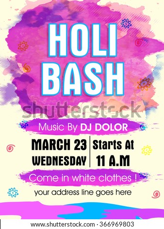 Creative colourful Pamphlet, Banner or Flyer design with date and time details for Indian Festival of Colours, Holi Party celebration.