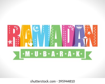 Kreativer bunter Text Ramadan Mubarak mit islamischen Ornamenten auf glänzendem Hintergrund, Kann als Poster, Banner oder Flyer Design verwendet werden.